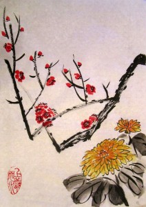китайская живопись, го-хуа, гохуа, цветущая слива, мэй хуа, 4 благородных