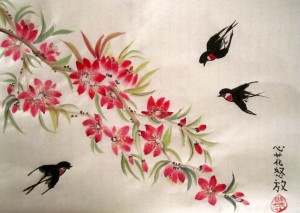 Елена Касьяненко, китайская живопись, се-и, цветы и птицы, розы, ласточки, цветущий персик, обучение рисованию, работы учеников